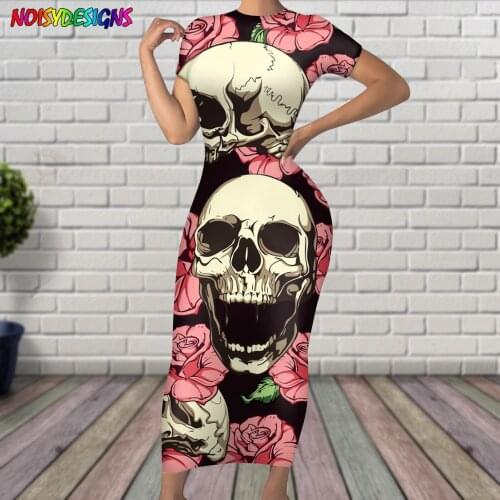 NOISYDESIGNS Summer Dress Fashion Sexy O-neck Dress For Women Femme Cool Skull And Flower Printing Elegant Short Sleeve Dresses