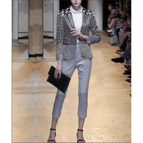 New Design Nifty Blazers Pant Suits Brief Stars Print Notched Single Button Office Lady Two piece Set