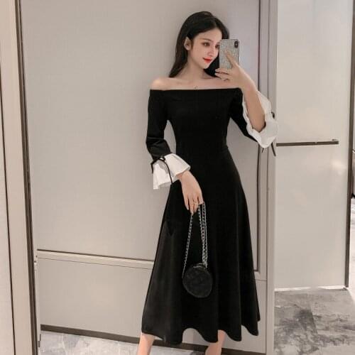 Autumn winter little black long dress sexy retro temperament word collar strapless long sleeve dress female A843