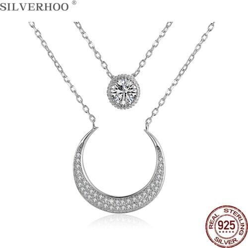 SILVERHOO Sterling Silver 925 Jewelry Shining Moon & Round Cubic Zirconia Double Chains Pendant Necklaces For Women Party Gift