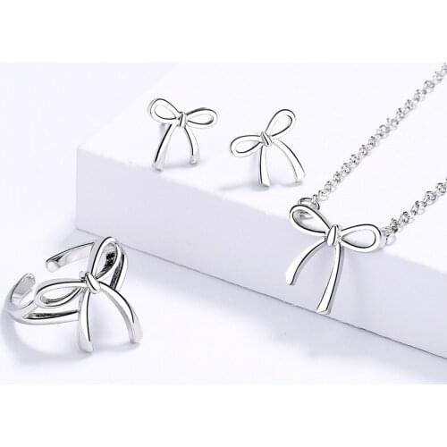 Simple Womens Jewelry Set Bow Knot Necklace Earrings Ring Sweet Clavicle Chain Womens Jewelry Wedding Accessories