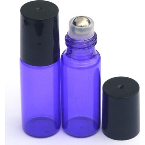 Hot Sample Roller Glass Blue Bottle Empty Perfume Essential Oil Roll-On 5ml Bottle with Black Plastic Cap Bottle 10pcs