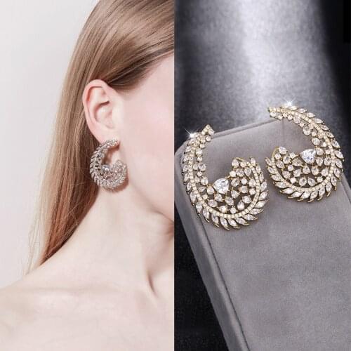 EYER Luxury Unique Half Moon Big Stud Earrings Full Micro Pave Cubic Zirconia CZ Wedding Fashion Women Jewelry Clip On Earrings