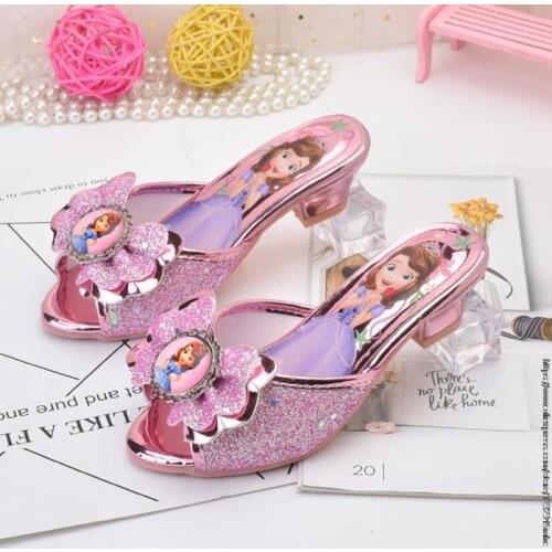 Disney Girls Summer Sandals Slipper Sequined Princesse Children High Heel Party Dress Elsa Shoes Leather Slipper For Kids Slides
