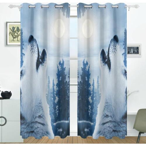 Wolf Forest Tree Night Moon Curtains Drapes Panels Darkening Blackout Grommet Room Divider for Patio Window Sliding Glass Door