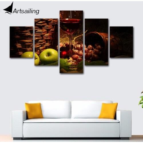 Modern Wall Art Pictures Home Decor 5 Panels Wine Fruits Posters Wine Vineyard for Kitchen Living Room HD Printed Painting Frame