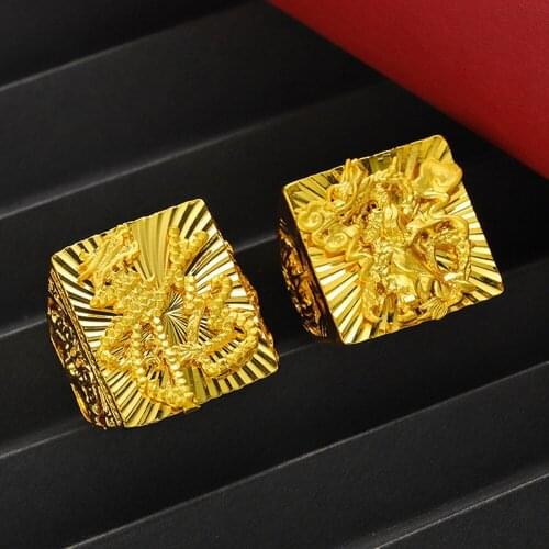 Thick Men Ring Band Hip Hop Dragon Pattern Yellow Gold Filled Punk Male Jewelry Gift Size Adjust