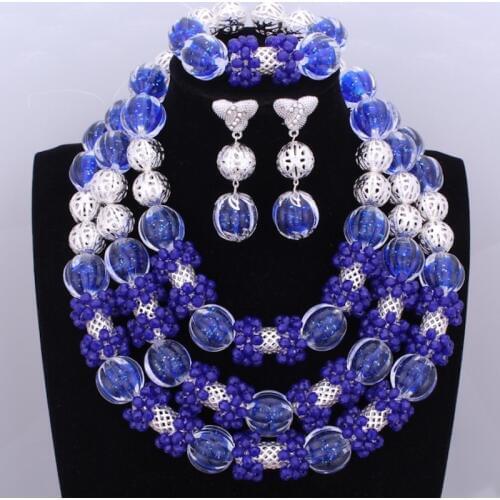 Splendid Royal Blue Silver African Beads Jewelry Sets Balls Crystal Beads Necklace Nigerian Wedding Celebrity Jewelry Sets 2018