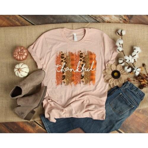 Thankful Leopard Print T-Shirt Thanksgiving Colorful tees Women summer style outfits tshirt t shirt drop ship