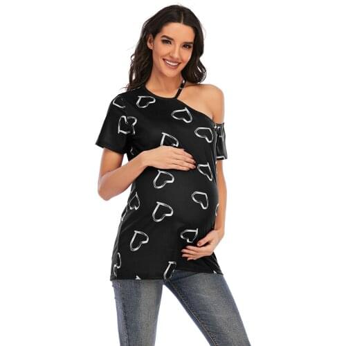 European And American Womens Clothing Love Pattern Pregnant Women Short Sleeves Plus Size Maternity Off-Shoulder T-Shirt