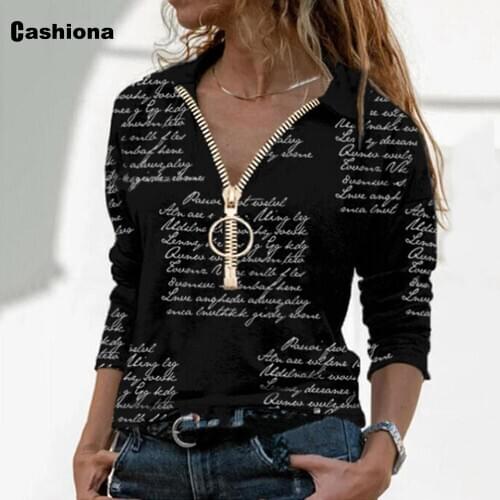 Cashiona Plus size Women Elegant Leisure Casual T-shirt Letter Print Zipper Womens Top 2021 New Spring Autumn Tees shirt Femme