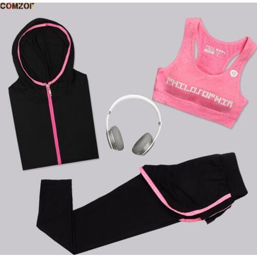 3 Piece set women quick dry yoga sports suit hooded coats+sexy bra+pants fitness gym clothing womens outdoor running tracksuit