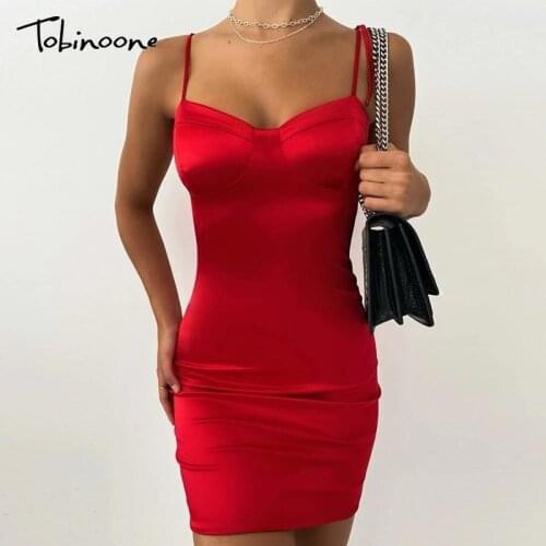 Tobinoone Satin Drawstring Tie Bodycon Dress Women Spaghetti Strap Backless Sexy Mini Dress Summer Solid Party Lace Up Vestidos