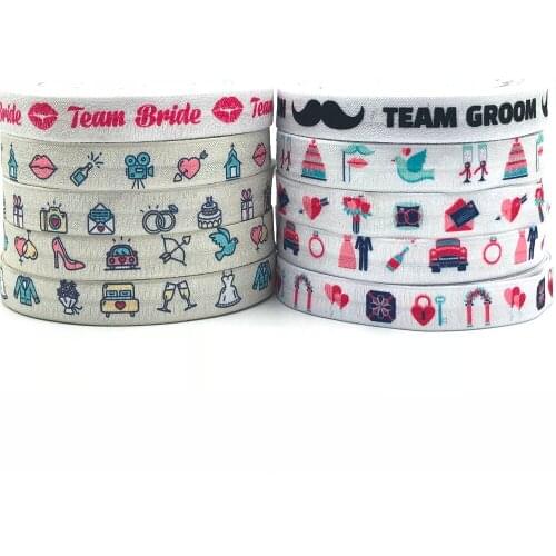 16mm 10 Yards Wedding Champagne Print Fold Over Elastic Team Bride Cake Cupid FOE Ribbon for Gift Accessories Party Decoration