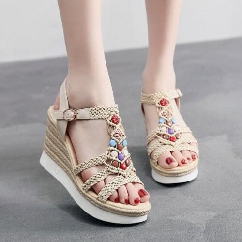 2020 Summer New Sandals Women Fashion Hemp Rope Weave Beaded High heel Thick bottom Casual Buckle Strap Wedges High (5cm-8cm)