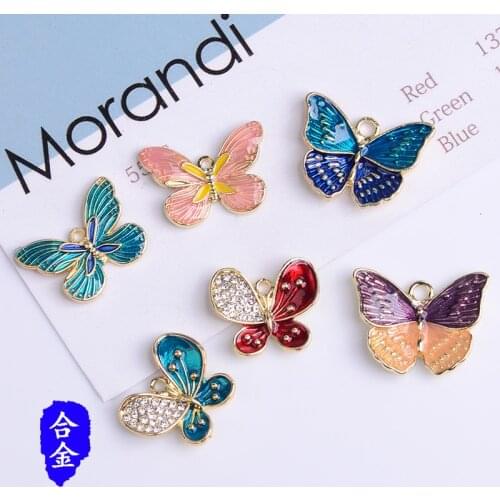 50pcs Gold Color Zinc Alloy Material Crystal Enamel Butterfly Charm Pendant for Hair DIY Handmade Jewelry Making Wholesale