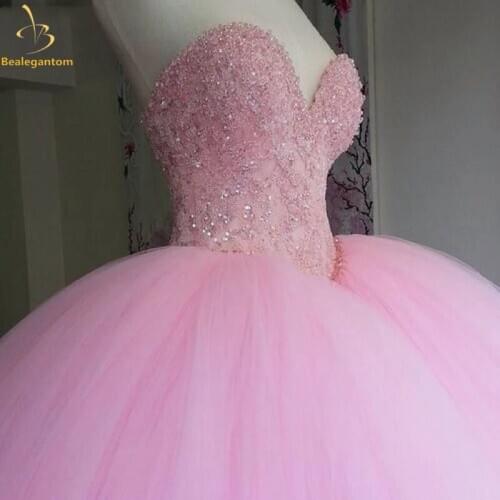 Bealegantom Luxury Fuffy Ball Gown Pink Quinceanera Dresses 2021Beads Long Sweet 16 Dress Pageant Party Gown For Girls QA1647