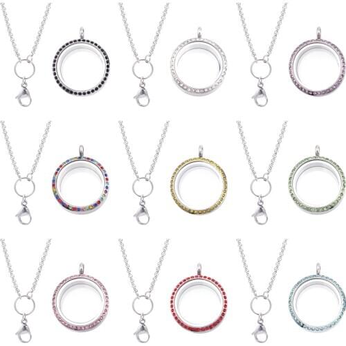 1Pc Stainless Steel Glass Round Living Memory Floating Locket Pendant Chain Necklaces For Women Men Gift Jewelry