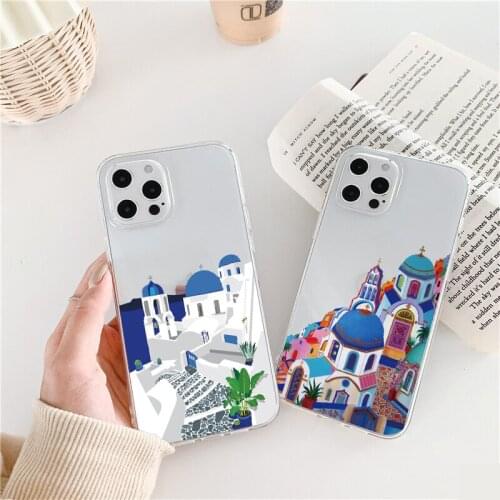 Santorini Greece Church Phone Cases for iPhone 11 12 Pro Max for iphone 6s 7 8 Plus SE 2020 X XR XS MAX Clear Transparent Cover