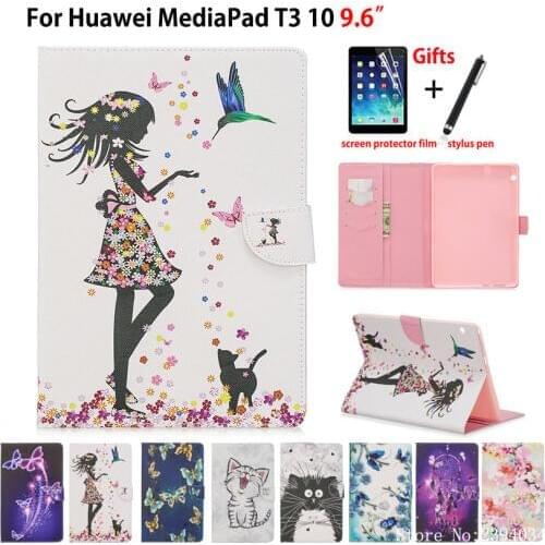 Tablet Case For Huawei MediaPad T3 10 AGS-W09 AGS-L09 AGS-L03 9.6" Cover Funda Fashion Girl Cat Flip Stand Skin Shell Capa +Gift