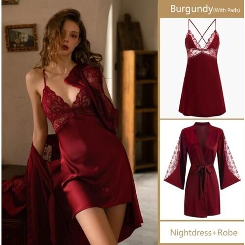 Robe Sets Night Dress Women Satin Sleepwear Bride Bridesmaid Wedding Gift Sexy Lace Nightgown Kimono Bathrobe Gown