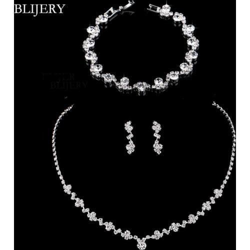 BLIJERY Fashion Crystal Bridal Jewelry Sets Silver Color Geometric Choker Necklace Earrings Bracelet Wedding Jewelry Sets