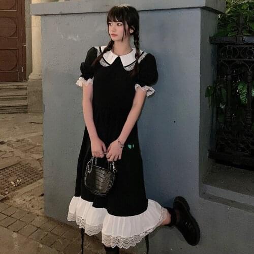 Summer Peter Pan Collar Women White Lace Dresses Black Lolita Lady Sweet Long Dress Puff Short Sleeve Korean Fashion Clothes