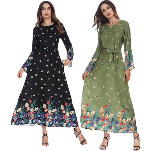 Special Price Muslim Women Dress Arab Middle East Flower Print Trumpet Sleeve Robe Dress Muslim Fashion Dubai Abaya Turkey Belt