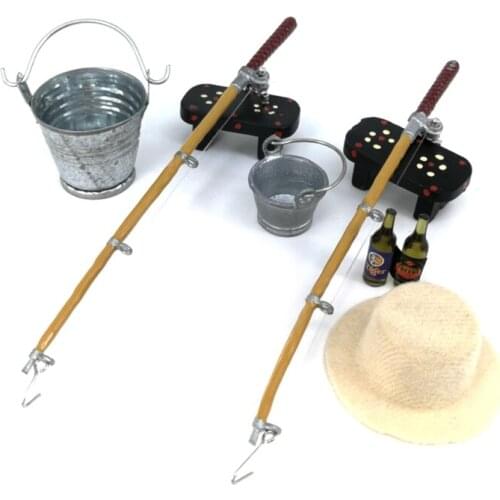 Creative New 1/12 Dollhouse Miniature Fishing Rod Hat Bucket Stool Model Doll Life Scene Doll House Decoration Gift