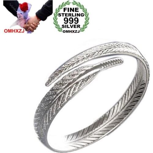 OMHXZJ Wholesale Retro Fashion Sweet Woman Girl Gift Angel Feather 999 Sterling Silver Cuff Bracelet Bangle Open Adjustable SZ80