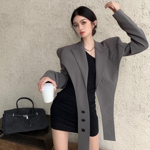 2021 Autumn Fashion Short Cross Tie Niche Suit Jacket + Sexy Female Slanted Shoulder Irregular Slim Dress Two Piece Set