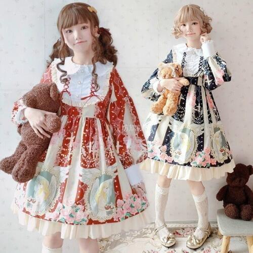 Japanese Sweet Lolita Dress Vintage Lace Bowknot Cute Printing Victorian Dress Kawaii Girl Lolita Princess