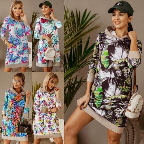 Fashion Print Contrast Dress Loose Waist Casual Long Sleeve Hooded Pocket Dress Women Pullover Warm Outfits Streetwear 5 Colors