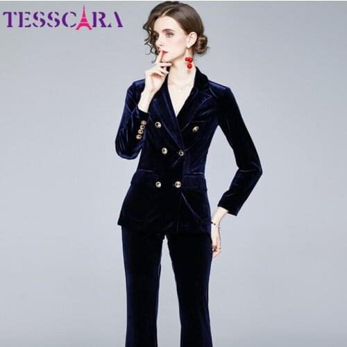 TESSCARA Women Autumn & Winter Elegant Velvet Blazer Pant Suit Set Female Office Party Two Piece Set Designer Two-piece Suits