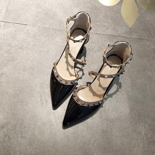 Pointed Thick Heel Single Shoes Shallow Mouth Rivet Orange European and American Style High Heels Nude Fairy Hollow Sandals