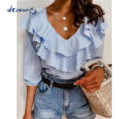 Spring Long Sleeve Shirt New Striped Fashion Tee Lady Blouse Top Sexy V-neck Half Sleeve Female Loose Plus Size Versatile Shirts