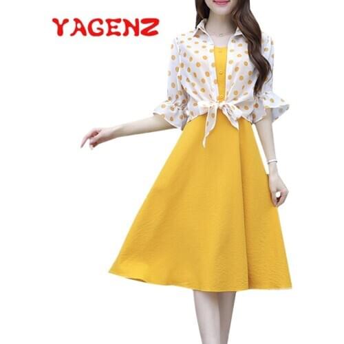 YAGENZ Summer Dress Two Piece Set Women Dot Thin Sunscreen Clothing Trumpet sleeve Tops And Shoulder Strap Dress 2 Piece Set 730