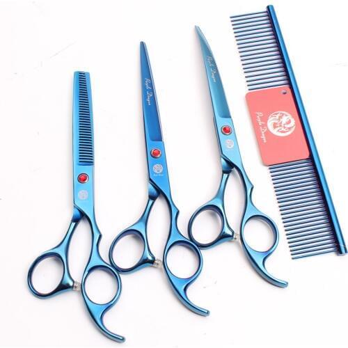 Z3003 4Pcs 7'' Blue Steel Comb + Cutting Shears + Thinning Scissors + Down Curving Shears Professional Pets Hair Scissors Suit