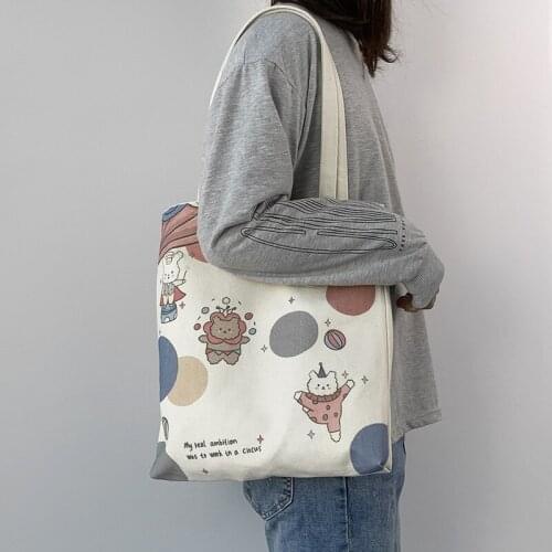 Women Canvas Shopping Bag Cartoon Cute Embroidery Cotton Cloth Shoulder Bag Eco Handbag Tote Reusable Grocery Shopper Bags