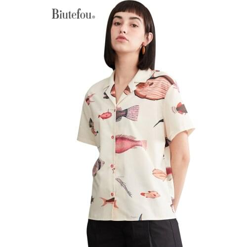 2021 Summer Women Loose Short Sleeve Ocean Fish Print V Neck T-Shirt