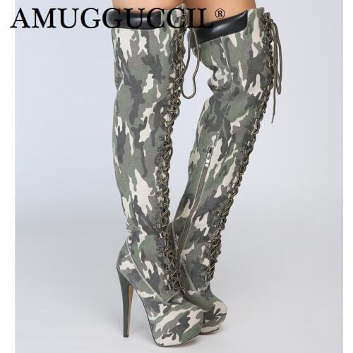 Customize Plus Big Size 34-52 Camouflage Zip Lace Up Sexy Thigh High Heel Platform Over The Knee Autumn Winter Women Boot X1751