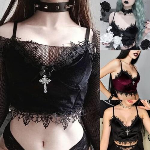 Gothic Dark Sexy Velvet Camisole Women Harajuku Lace Patchwork Strapless Crop Tank Top