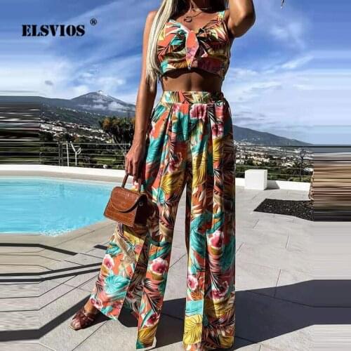 Summer Printed Trousers Suit Women Bow Lace-Up Elastic Tube Top Loose Big Swing Wide-Leg Pant Set Office Lady Sexy Casual Outfit