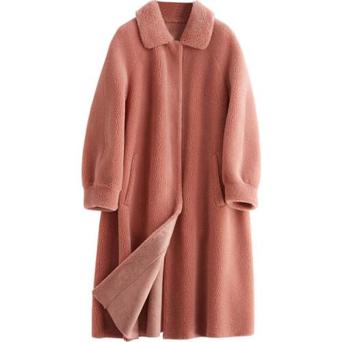 2020 New 2019 Sheep Shearing Leather And Fur Overcoat Long Fund Lapel Reunite With Loose Coat Woman