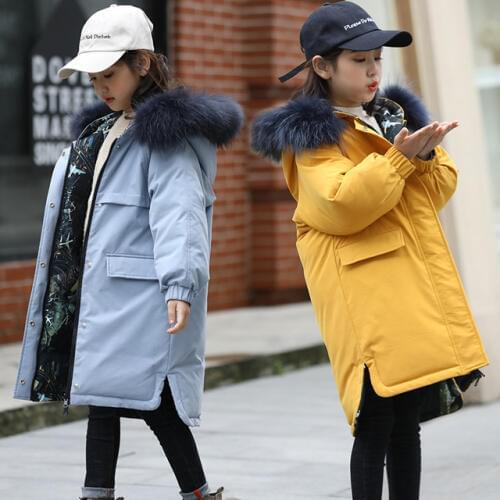 Winter Thicken Warm Girls Down Jackets Loose Casual Wear on Both Sides Teen Girls Long Coats Faux Fur Hooded Children Outwear 5-13T