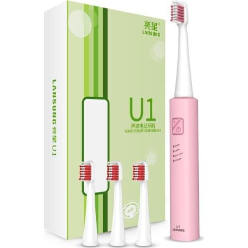 LANSUNG Ultrasonic Sonic Toothbrush USB Charge Rechargeable With 4 Pcs Replacement Heads Tooth Brushes Timer Brush