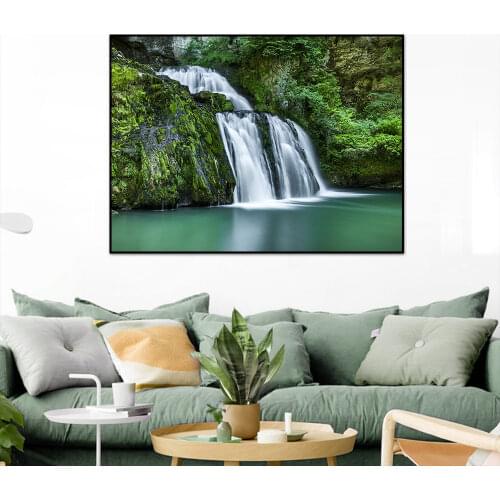 Abstract GreenTrees Mountain Waterfall Painting On Canvas Lanscape Prints And Posters Wall Art For Living Room Home Decoration