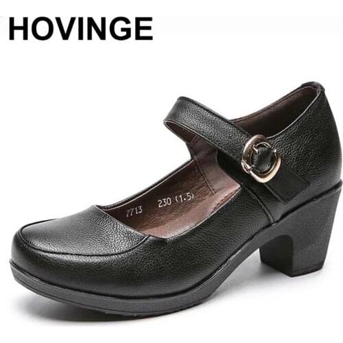HOVINGEBrand Shoes Thick Heel Ladies Pumps Genuine Leather Round Toe Colorful Square Heels Party Handmade Shoes Women
