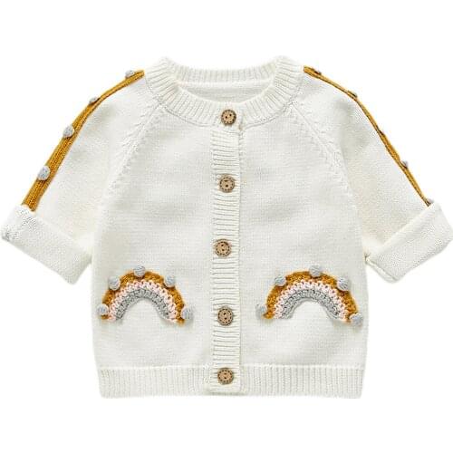 Baby Knitted Cardigan with Rainbow Pattern Round Neck Long Sleeve Single-breasted Fur Ball Decoration Coat Clothing