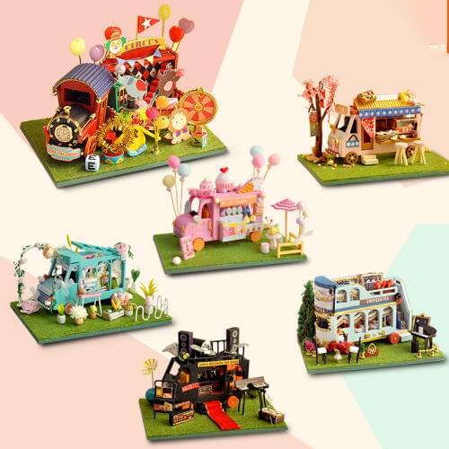 DIY Mini Car Shop Dollhouse Circus Flower Kanto Cooking Kit Assembled Miniature with Furniture Doll House Toys for Kids Girls